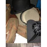 A box of hats and a pair of shoes (size 12)