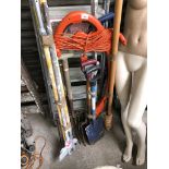 A mixed lot including strimmer, a curtain pole, garden tools, spirit level, etc