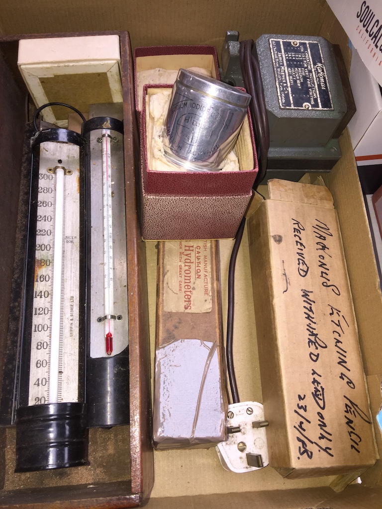 Box with thermometers and other instruments