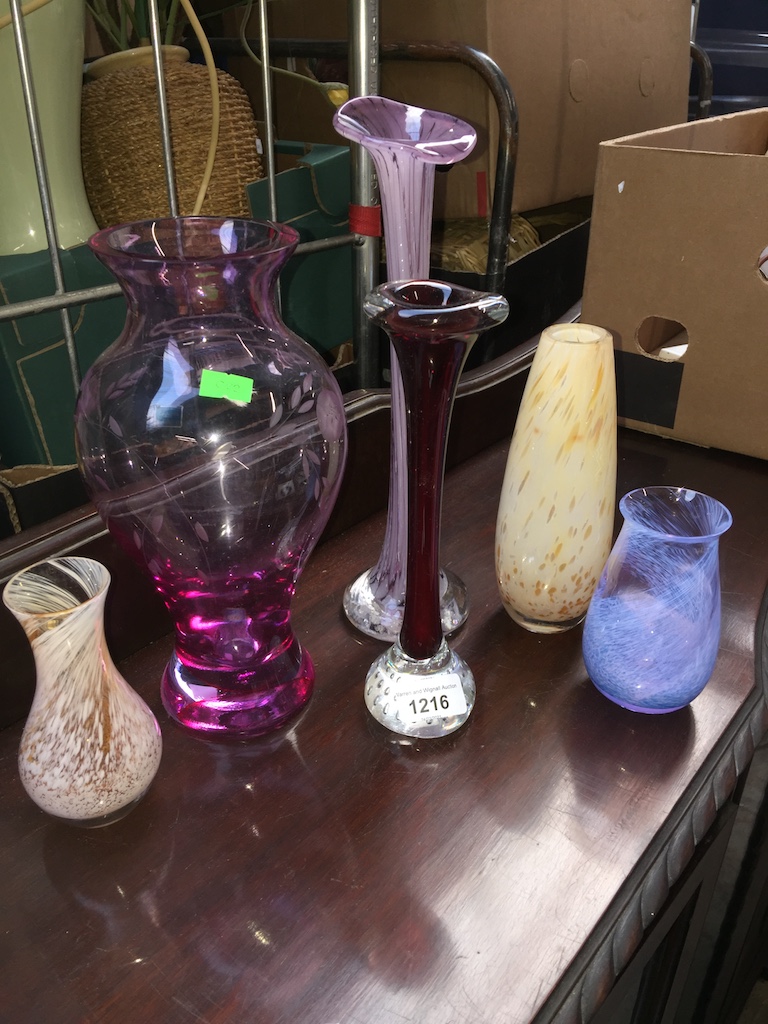 a collection of coloured glass including large Caithness vase, 2 other Caithness, and 2 stem vases