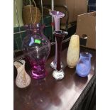 a collection of coloured glass including large Caithness vase, 2 other Caithness, and 2 stem vases