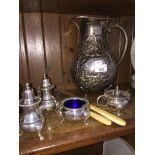 Tray of antique/vintage silver plate - large repousse jug + cruet + ivory handled fish servers