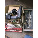 A metal toolbox and tools and a box of assorted tools including cordless screwdriver etc