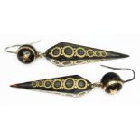 A pair of Victorian pique inlaid tortoiseshell drop earrings, length 52mm each. Condition - good, no