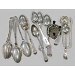 Assorted hallmarked silver spoons and sugar tongs, various dates and maker's including Edinburgh,