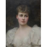 Edward Hughes (British 1832-1908), mid length portrait depicting a young lady wearing a white