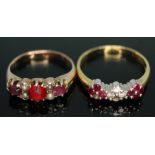 Two diamond and ruby cluster rings, one also set with seed pearls and paste, unmarked, the other