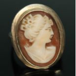 A hallmarked 9ct gold shell cameo ring, gross wt. 5.36g, size N. Condition - good, general wear