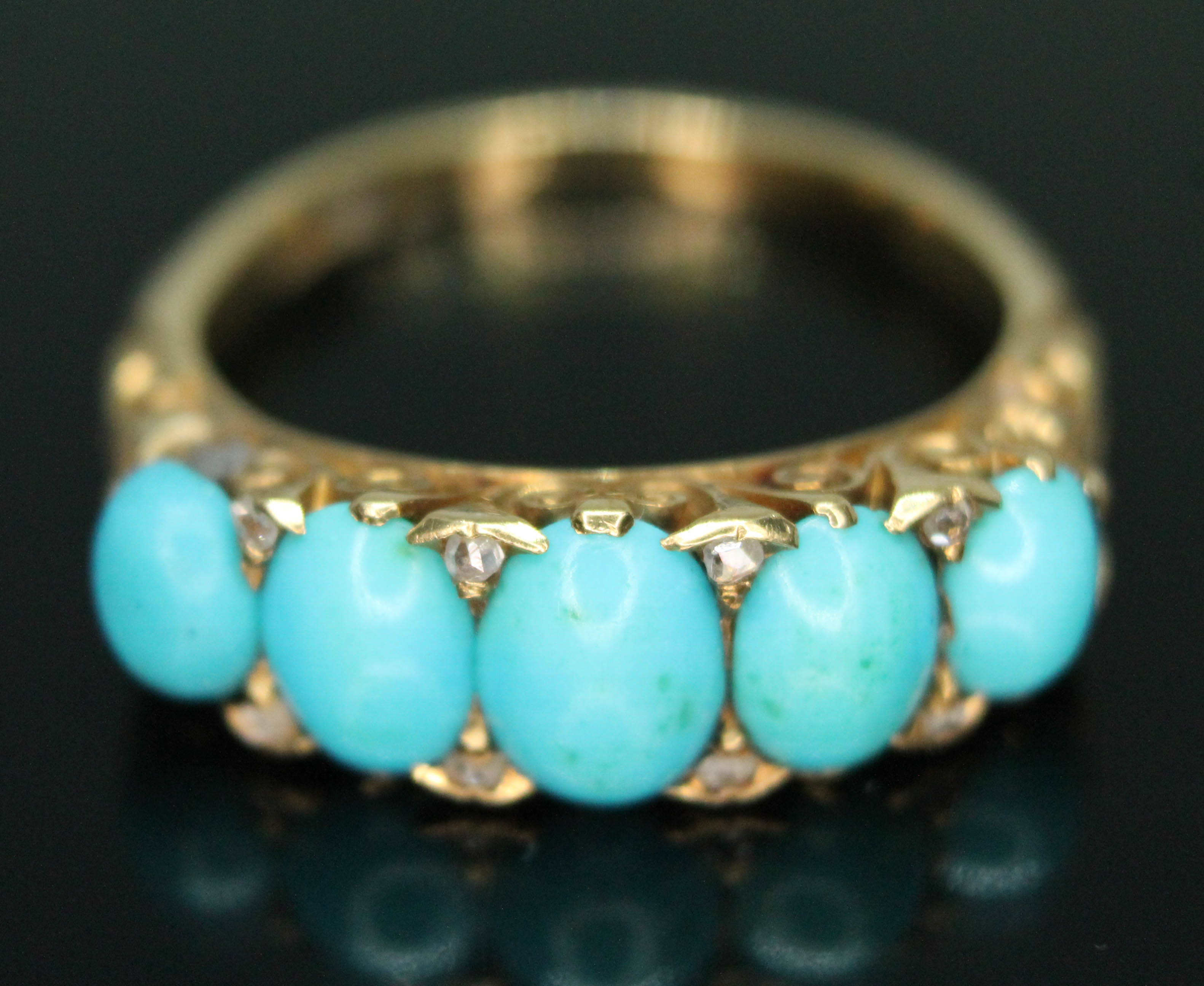 A Victorian turquoise and diamond ring, scroll setting, marked '18c', gross wt. 4.83g, size N. - Bild 7 aus 7