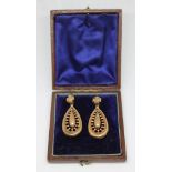 A pair of Victorian drop earrings, marked '9ct' and also with lozenge, length 36mm, gross wt. 2.31g,