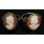 Two shell cameo rings, both marked '9ct', gross wt. 5.01g, sizes K & M. Condition - good, minor wear