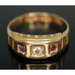 A Victorian 18ct gold ring set with a blue, red and colourless stones, sponsor's mark 'H&S'