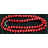 A uniformed coral bead necklace comprising sixty nine beads approx. 6mm/7mm each, white metal