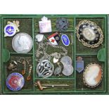 A jewellery box and contents including a yellow metal mounted shell cameo brooch, a pair of earrings