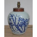 A Chinese porcelain ginger jar converted to lamp base, height 32cm. Condition - chip to rim