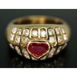 A diamond and ruby ring, the bezel set heart shaped ruby weighing approx. 0.78 carats (estimated),