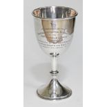 A hallmarked silver goblet inscribed 'Presented by the Manchester Central Synagogue to Mr Harold