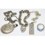 Assorted silver jewellery comprising a bracelet, an ingot on chain, a locket on chain and an