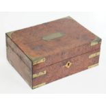 A 19th century brass inlaid burr yew work box with campaign style inset brass handle, width 28cm,