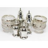 Assorted hallmarked silver comprising a set of two pairs of silver mounted cut glass salts and two