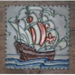 A Pilkington's 4" tile with tube lined decoration depicting a galleon. Condition - very good,