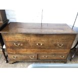 A Georgian Welsh oak and mahogany cross banded mule chest, height 86cm, width 140cm, depth 54cm.