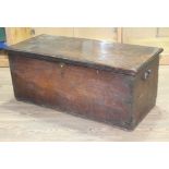 An 17th/18th mahogany chest with wrought iron loop handles, length 80cm, depth 37cm & height 34cm.