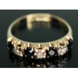 A hallmarked 9ct gold diamond and sapphire ring, gross wt. 2.31g, size P. Condition - good, minor