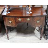 A George III Regency period mahogany sideboard with three drawers and turned legs, width 102cm,