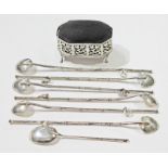 A mixed lot comprising a set of six eastern spoons of bamboo form with animal charms marked '