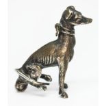 A silver plated finial modelled as a grey hound, with screw fitting and nut, length 75mm.