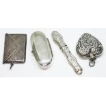 Assorted silver and white metal comprising a stamp case marked '925', a hallmarked pill box of