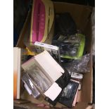 A box of misc to include 2 Nintendo DS consoles, games, cameras, shredder, etc.