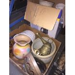 2 boxes of planters, glassware, brass bell, etc.