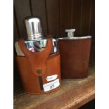 2 leather, metal and glass hip flasks.
