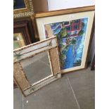 A bamboo edged mirror and a J.Askins signed ltd. print (Morning Terrace)