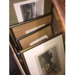 Box of small prints inc. two engravings Coverham abbey Yorkshire and Middleham castle Yorkshire