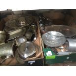 A box of mixed metalware/plated ware and another mixed box of metalware, etc.