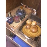 Tray of scent bottles and tray of wooden fruit