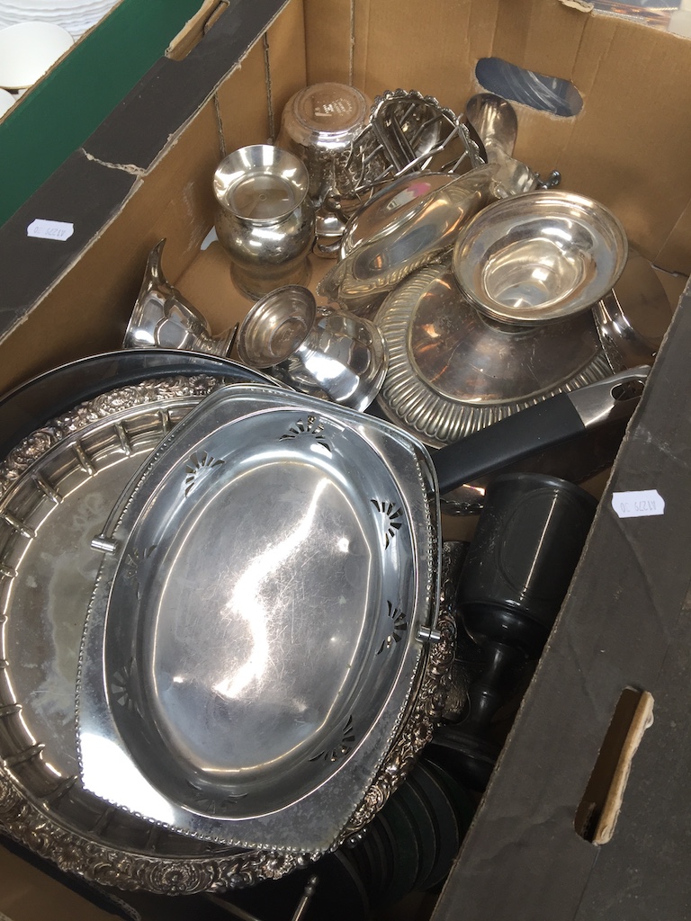 A box of mixed plated ware, etc