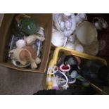 A crate and 2 boxes containing part coffee set, plates, china, ceramics, ornaments, glassware,