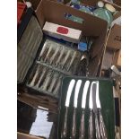 Box of cutlery inc set of silver handle knives