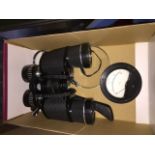 Tasco binoculars, collection of magnifying glasses and a small ammeter.