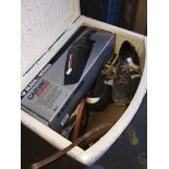 A laundry basket with contents to include CDs, hair dryer, projector, some hardware, 35mm camera,