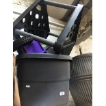 A Westland garden spreader, a garden tool organiser, a Keter garden cart and a slug trap