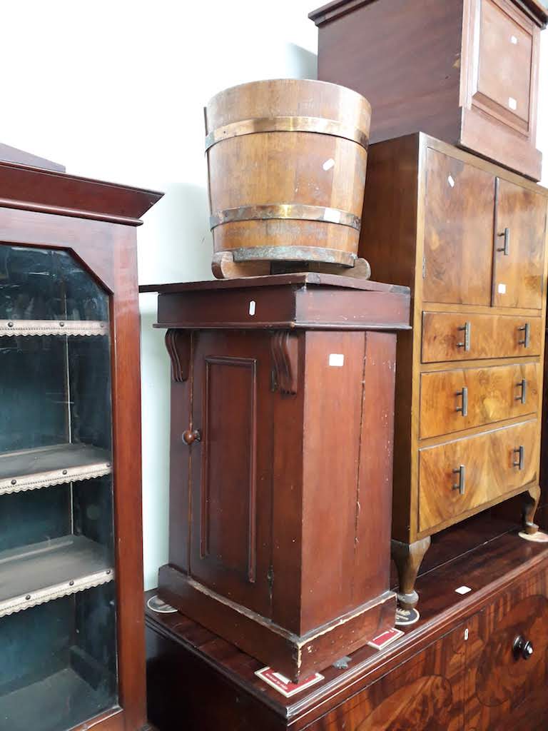 A 19th century commode cabinet and pot cupboard - as found, together with a copper bound barrel