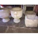 2 square concrete planters and 2 round concrete planters