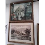 A 20th century school signed Ltd edition lithograph and a Continental street scene oil on canvas,