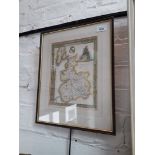 A 19th century coloured map depicting Lancashire, glazed and framed 32cm x 39cm.