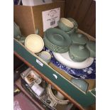 Box of green pottery, blue and white platters and plates